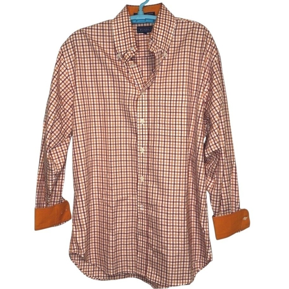 J McLaughlin Button Down Shirt Mens‎ Orange Tattersall Check Italian Cotton L